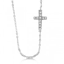 Diamond Sideways Cross Necklace 16" Rope Chain 14K White Gold (0.06ct)