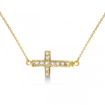 Diamond Sideways Cross Necklace 16" Rope Chain 14K Yellow Gold (0.06ct)