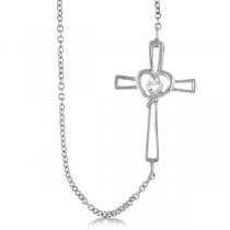 Open Heart Diamond Sideways Cross Necklace 14K White Gold (.01ct)