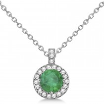 Emerald & Diamond Halo Pendant Necklace 14k White Gold (2.18ct)