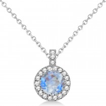 Moonstone & Diamond Halo Pendant Necklace 14k White Gold (2.25ct)
