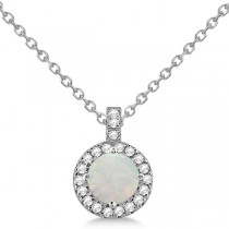 Opal & Diamond Halo Pendant Necklace 14k White Gold (1.35ct)