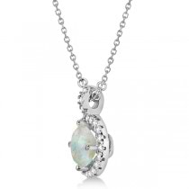 Opal & Diamond Halo Pendant Necklace 14k White Gold (1.35ct)