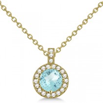 Aquamarine & Diamond Halo Pendant Necklace 14k Yellow Gold (0.82ct)