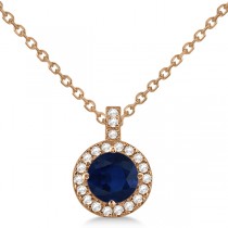 Blue Sapphire & Diamond Halo Pendant Necklace 14k Rose Gold (1.07ct)