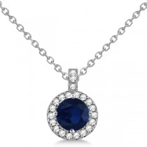 Blue Sapphire & Diamond Halo Pendant Necklace 14k White Gold (1.07ct)