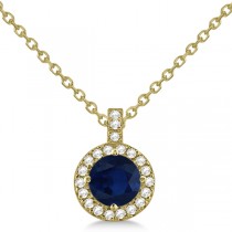 Blue Sapphire & Diamond Halo Pendant Necklace 14k Yellow Gold (1.07ct)