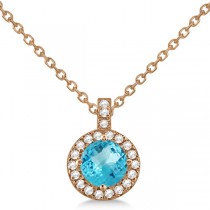 Blue Topaz & Diamond Halo Pendant Necklace 14k Rose Gold (0.98ct)