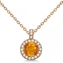 Citrine & Diamond Halo Pendant Necklace 14k Rose Gold (0.77ct)