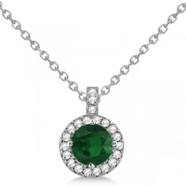 Emerald & Diamond Halo Pendant Necklace 14k White Gold (0.90ct)