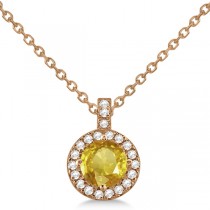 Yellow Sapphire & Diamond Halo Pendant Necklace 14k Rose Gold (1.07ct)