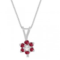 Diamond and Ruby Cluster Pendant 14k White Gold (0.29ct)