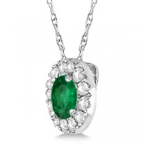 Round Halo Diamond and Emerald Pendant 14k White Gold (0.46ct)