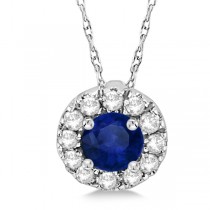 Round Halo Diamond and Blue Sapphire Pendant 14k White Gold (0.48ct)