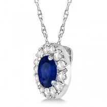 Round Halo Diamond and Blue Sapphire Pendant 14k White Gold (0.48ct)