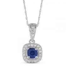 Cushion Blue Sapphire and Diamond Pendant 14k White Gold (0.40 ct)