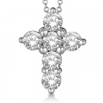 Prong Set Round Diamond Cross Pendant Necklace 14k White Gold (3.00ct)