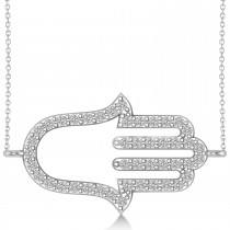 Sideways Hamsa Diamond Pendant Necklace 14k White Gold (0.23ct)
