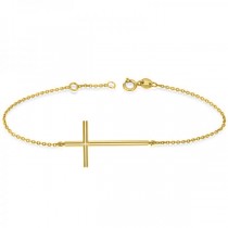 Sideways Cross Religious Ankle Bracelet Plain Metal 14k Yellow Gold