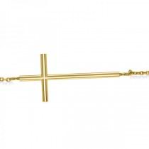 Sideways Cross Religious Chain Bracelet Plain Metal 14k Yellow Gold