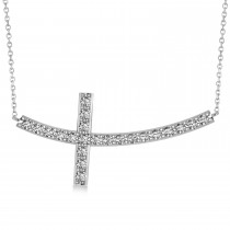 Diamond Sideways Curved Cross Pendant Necklace 14k White Gold 1.54ct