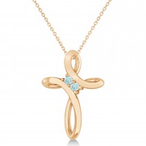 Aquamarine Two Stone Religious Cross Pendant Necklace 14k Rose Gold (0.10ct)