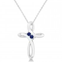 Blue Sapphire Two Stone Swirl Cross Pendant Necklace 14k White Gold (0.10ct)