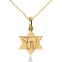 Jewish Star of David & Chai Pendant Necklace 14k Yellow Gold