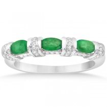 Bar Set Emerald Anniversary Ring w/ Diamonds in Sterling Silver 1.02