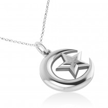 Crescent Moon & Star Pendant Necklace 14k White Gold