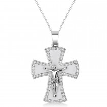 Holy Crucifix Men's Diamond Pendant Necklace 14k White Gold (0.69ct)