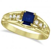 Emerald-Cut Diamond and Blue Sapphire Ring 14k Yellow Gold (0.68ctw)