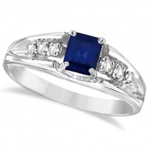 Emerald-Cut Diamond and Blue Sapphire Ring 14k White Gold (0.68ctw)