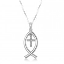 Christian Fish Cross Pendant Necklace 14k White Gold