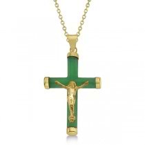 Green Jade Round Crucifix Pendant for Men or Women 14k Yellow Gold