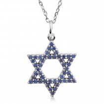 Natural Blue Sapphire Star of David Necklace 14K White Gold