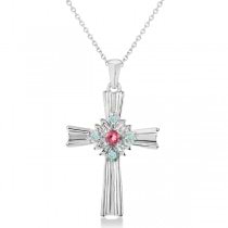 Pink Tourmaline & Blue Topaz Cross Pendant Necklace in Sterling Silver