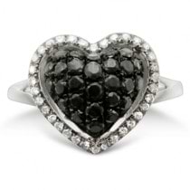 Shiny White & Black Diamond Heart Shaped Ring 14k White Gold (0.75ct)