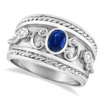 Oval Blue Sapphire & Diamond Byzantine Ring 14k White Gold (0.73ct)
