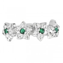 Emerald & Diamond Flower Fashion Ring in 14k White Gold (0.64 ctw)