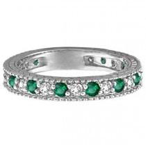 Diamond and Emerald Anniversary Ring Band in 14k White Gold (1.08 ctw)