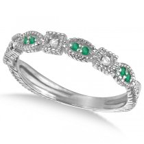 Vintage Stackable Diamond & Emerald Ring 14k White Gold (0.15ct)