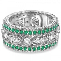 Vintage Style Byzantine Diamond & Emerald Ring 14k White Gold (1.37ct)