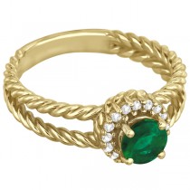 Round Cut Emerald & Diamond Split Shank Ring 14k Yellow Gold (0.65ct)