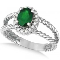 Oval Cut Emerald & Diamond Split Shank Ring 14k White Gold (0.95ct)