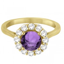 Halo Diamond Accented and Amethyst Lady Di Ring 14K Yellow Gold (2.14ct)