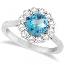 Halo Diamond Accented and Blue Topaz Lady Di Ring 18k White Gold (2.14ct)