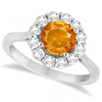 Halo Diamond Accented and Citrine Lady Di Ring 14K White Gold (2.14ct)