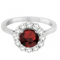 Halo Diamond Accented and Garnet Lady Di Ring 14K White Gold (2.14ct)