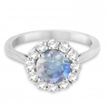 Halo Diamond Accented and Moonstone Lady Di Ring 14K White Gold (2.14ct)